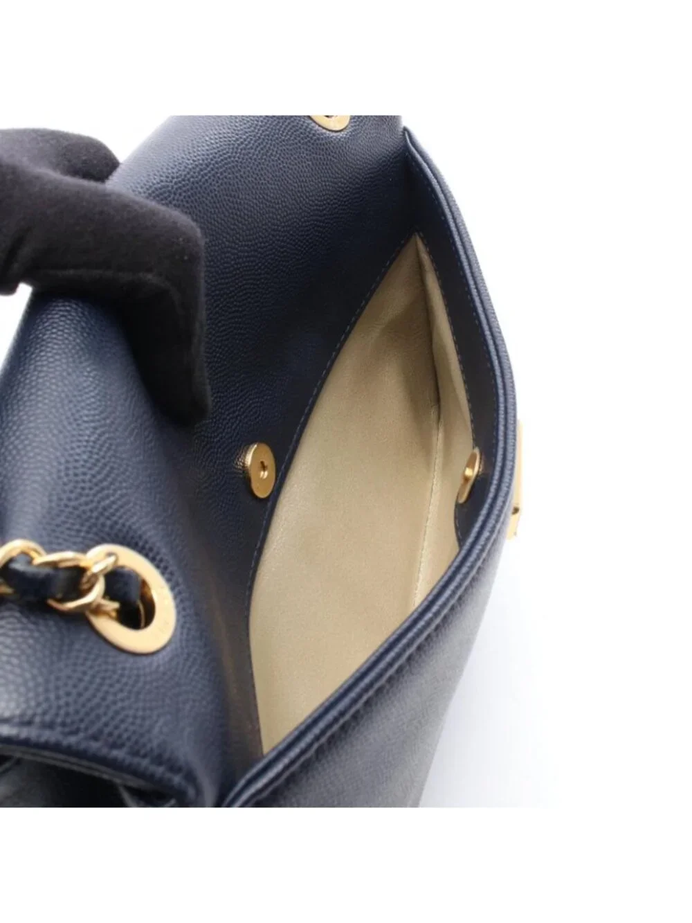 Chanel Shoulder Bag CC Logo Navy Gold Caviar Leather Chain